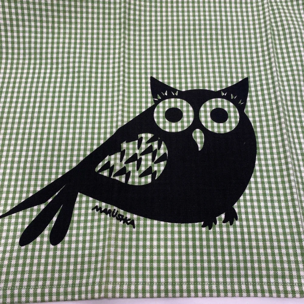 Two Vintage Owl Kitchen Towels Green White Red Excellent Retro Gingham
